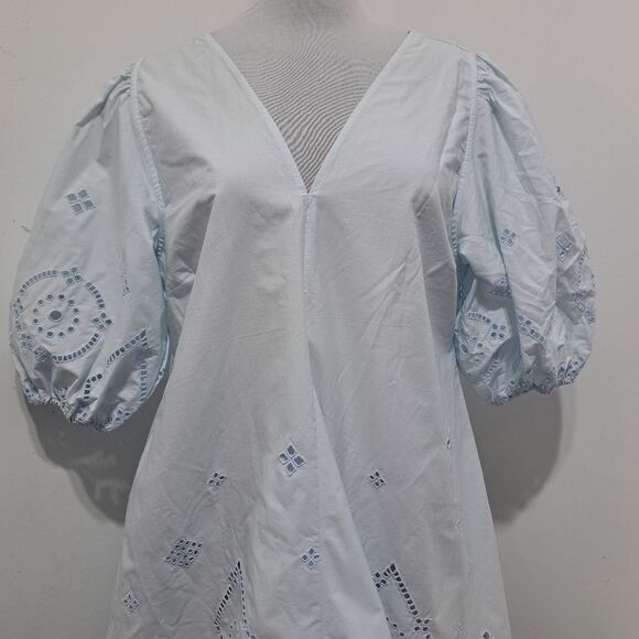 Ganni Broderie Anglaise Puff Sleeve Organic Cotton Mini Dress Illusion Blue S 42 - Picture 13 of 17